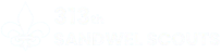 Black-and-white scouting logo showing a stylized fleur-de-lis emblem at left and bold text reading “313th SANDWELL SCOUTS” to the right.