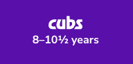 Purple rectangular graphic with the word “cubs” in bold white text centered above 8 – 10½ years.
